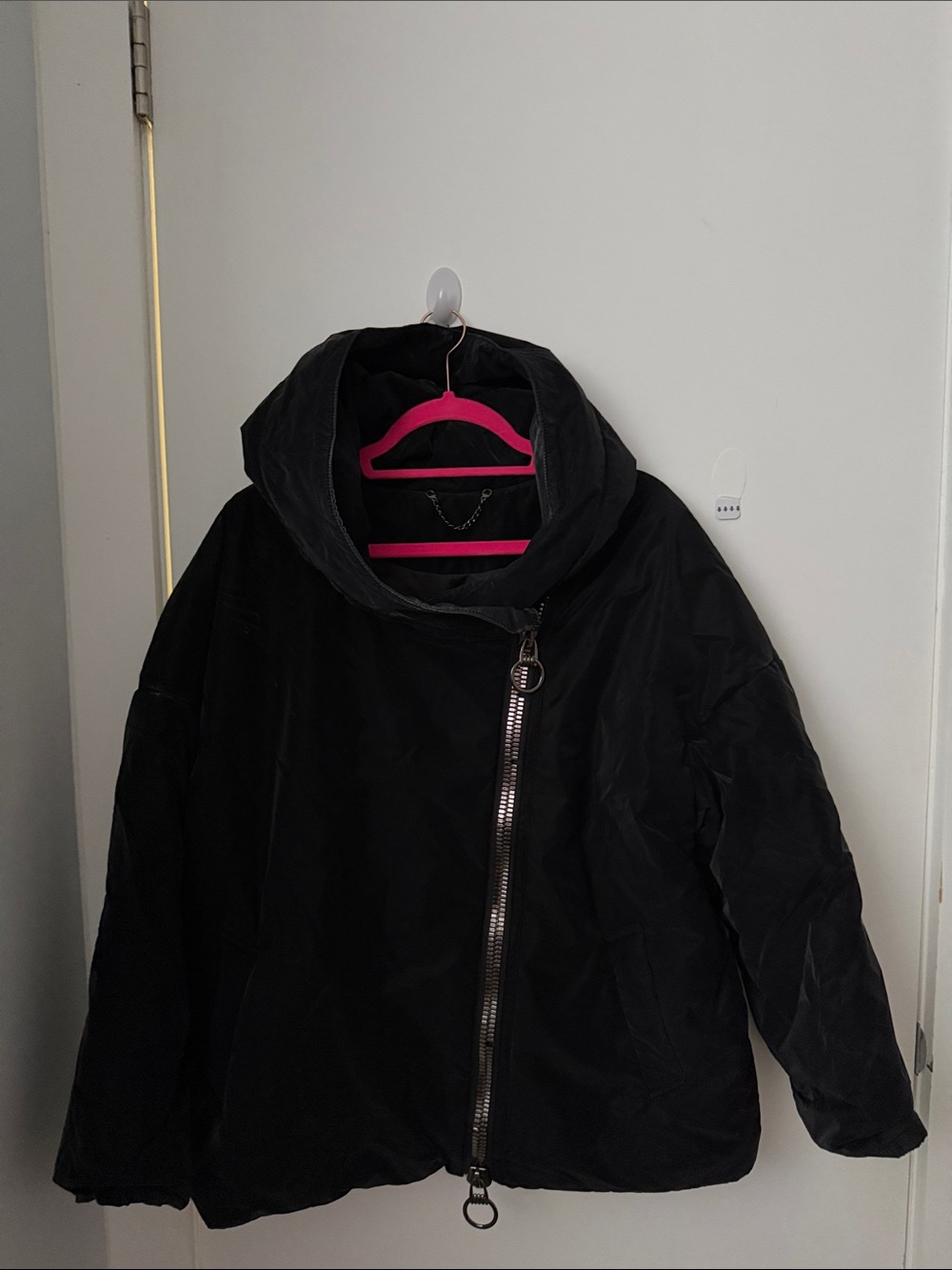 Rafaella Black Oversized Hooded Puffer with Asymmetrical Zip